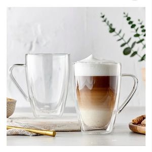 Set of 2 Glass Bistro Mugs Clear Glass 12 oz with Handle